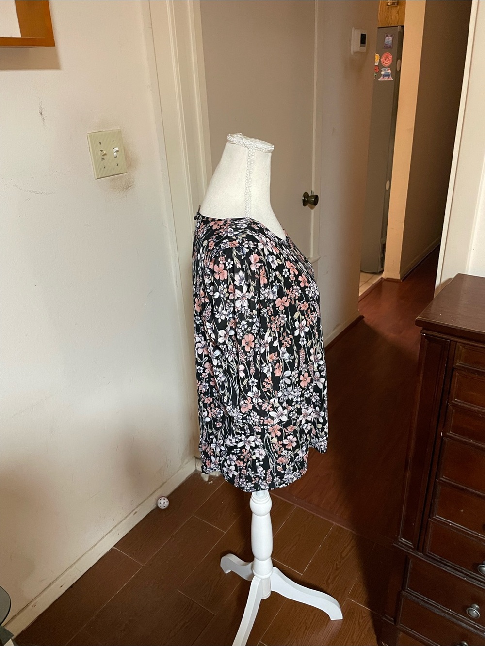 Tommy Hilfiger floral blouse scoop neck floral black pink quarter sleeve mesh XL - Picture 5 of 13